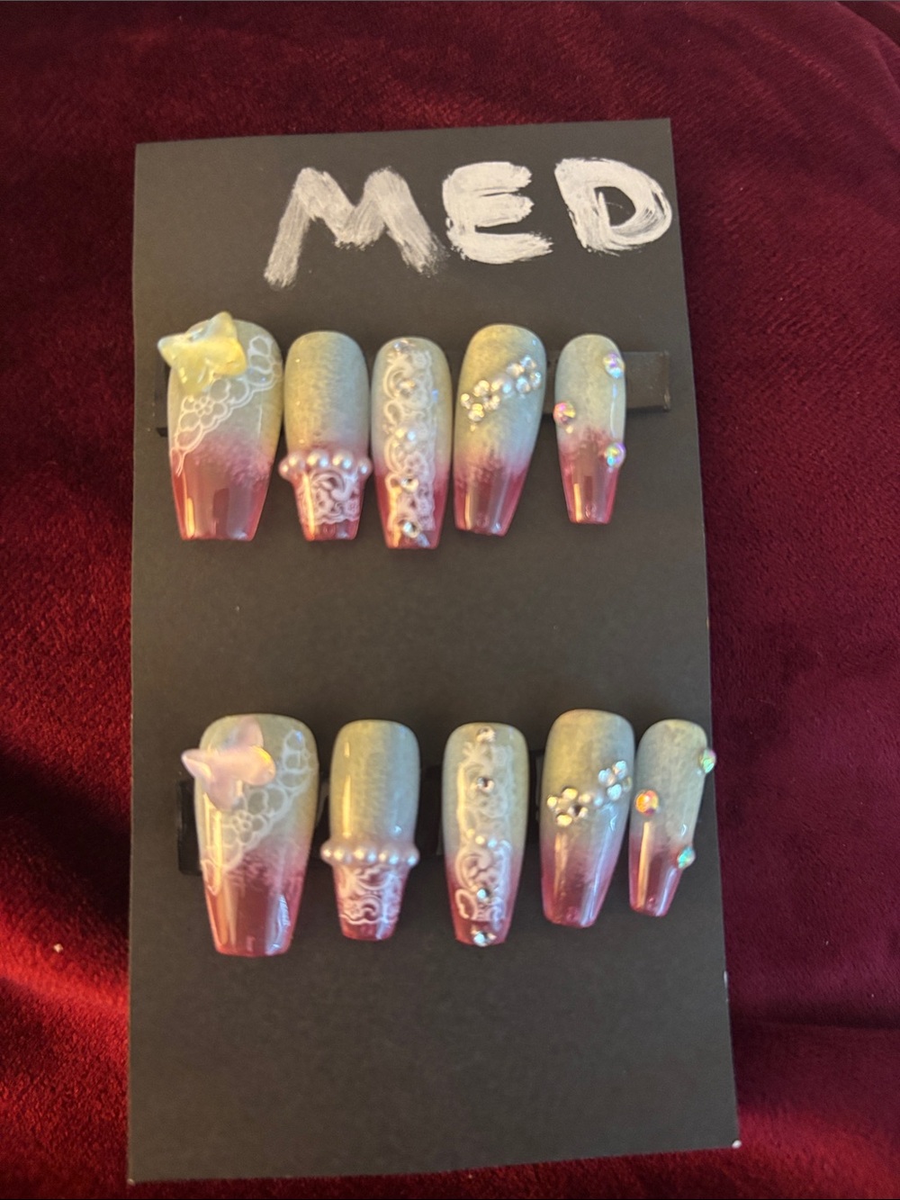 Handmade Ombre Press-On Nails with Pearl & Rhinestone Accents